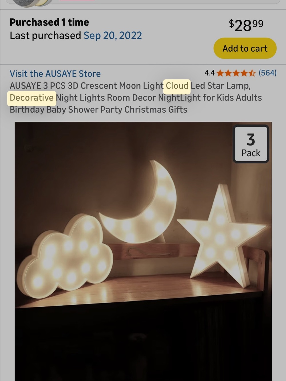 3-Piece Cloud, Moon & Star LED Night Lights - Warm White